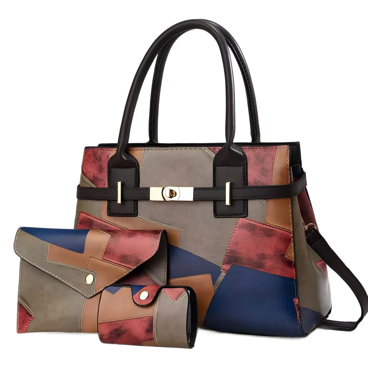 Women Fashion Casual Stitching Large-Capacity Handbag Three-Piece Set PU