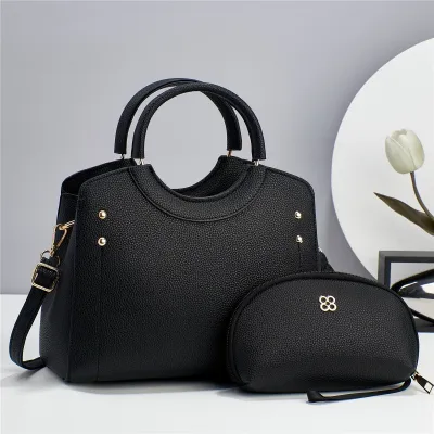 Women Fashion Casual Solid Color Large Capacity Handbag Two-Piece Set PU
