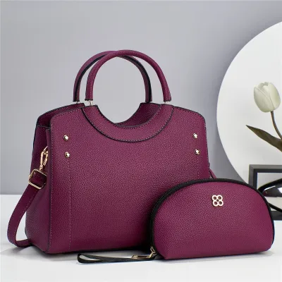 Women Fashion Casual Solid Color Large Capacity Handbag Two-Piece Set PU