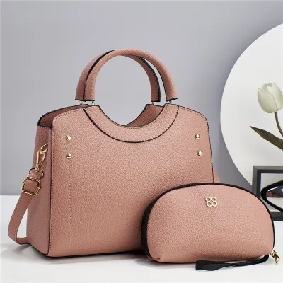 Women Fashion Casual Solid Color Large Capacity Handbag Two-Piece Set PU