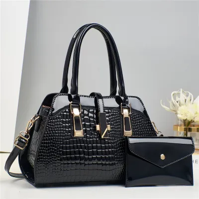 Women Fashion Casual Solid Crocodile Pattern Platinum Bright Leather Handbag Set