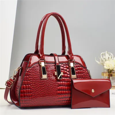 Women Fashion Casual Solid Crocodile Pattern Platinum Bright Leather Handbag Set