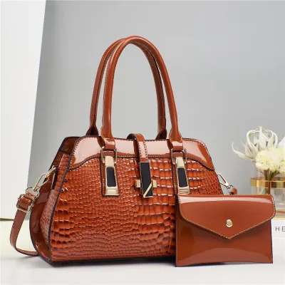 Women Fashion Casual Solid Crocodile Pattern Platinum Bright Leather Handbag Set