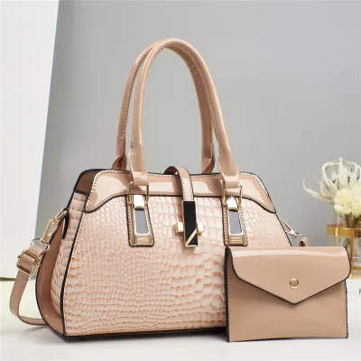 Women Fashion Casual Solid Crocodile Pattern Platinum Bright Leather Handbag Set