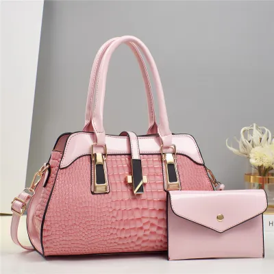 Women Fashion Casual Solid Crocodile Pattern Platinum Bright Leather Handbag Set