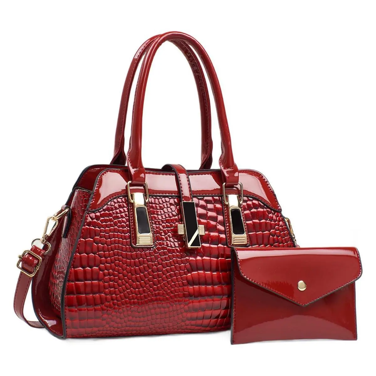 Women Fashion Casual Solid Crocodile Pattern Platinum Bright Leather Handbag Set