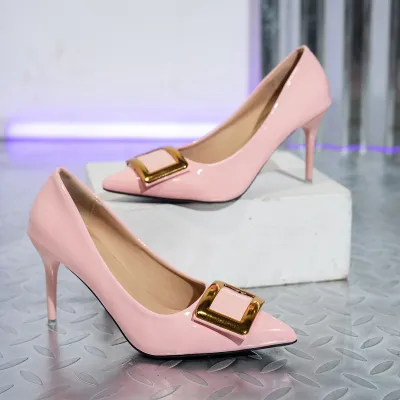 Women Fashion Elegant Patent Leather Square Buckle Pointed Toe High Heels Shoes