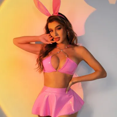 Women Fashion Patent Leather Rabbit Ear Metal Chain Uniform Sexy Bra Set
