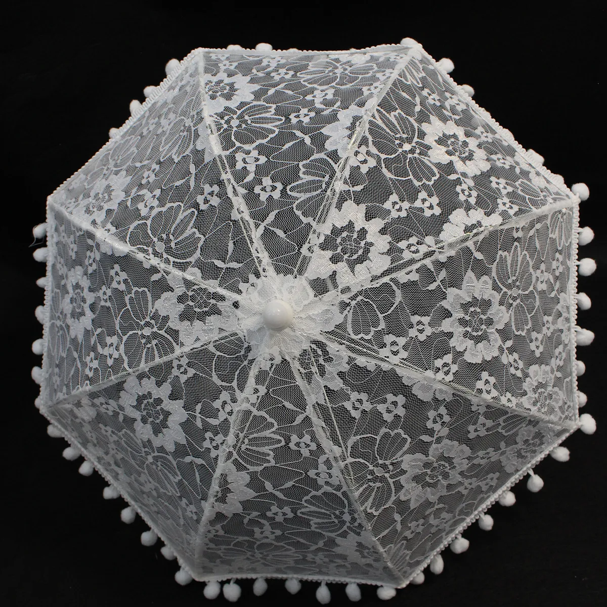 Wedding Floral Lace Hollow-Out White Furry Ball Sunshade Umbrella