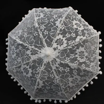 Wedding Floral Lace Hollow-Out White Furry Ball Sunshade Umbrella