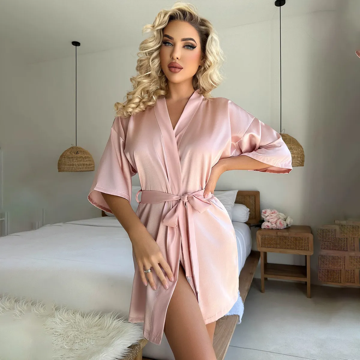 Women's Sexy Lace-Up Dress Pajamas with Tassel Detail - Mid-Sleeve Simulation Silk Sleepwear