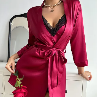 Women Fashion Sexy Lace Splicing Ice Silk Pajamas Two-Piece Set