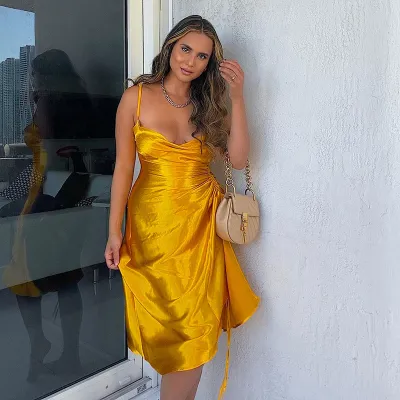 Women Fashion Sexy Solid Color Satin Pleated Spaghetti Strap Split Slim-Fit Midi Dress
