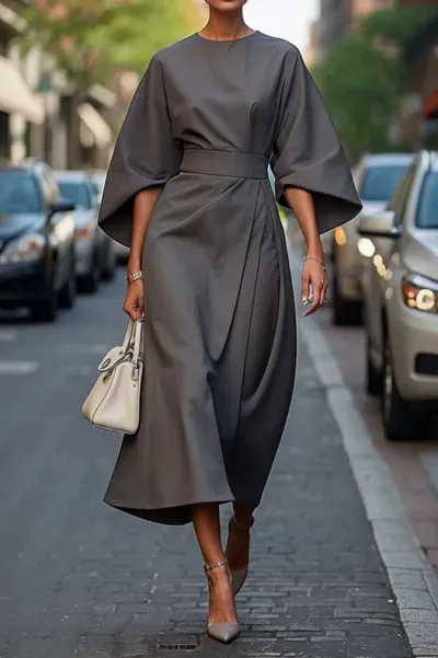Women Elegant Solid Color High Waist Bat Sleeve Dress