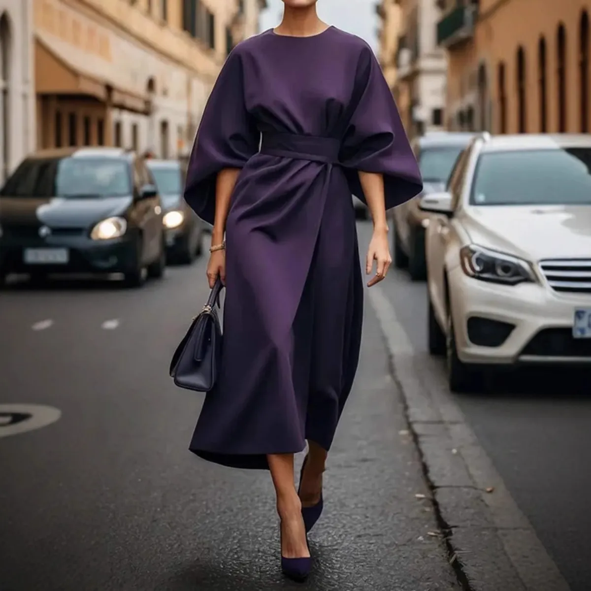 Women Elegant Solid Color High Waist Bat Sleeve Dress