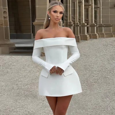 Women Elegant Off Shoulder Long Sleeve Backless Slim-Fit A-Line Dress