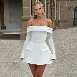 Women Elegant Off Shoulder Long Sleeve Backless Slim-Fit A-Line Dress