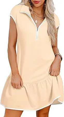 Women Casual Color Block Short Sleeve Zipper Pullover Dress