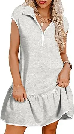 Women Casual Color Block Short Sleeve Zipper Pullover Dress