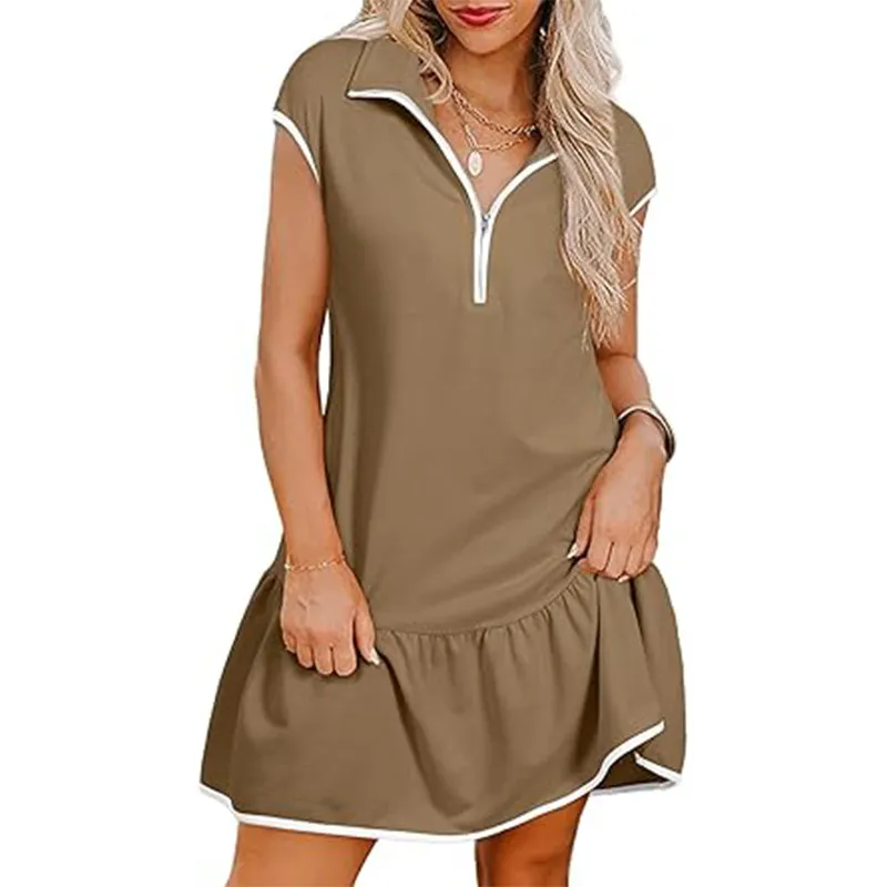 Women Casual Color Block Short Sleeve Zipper Pullover Dress