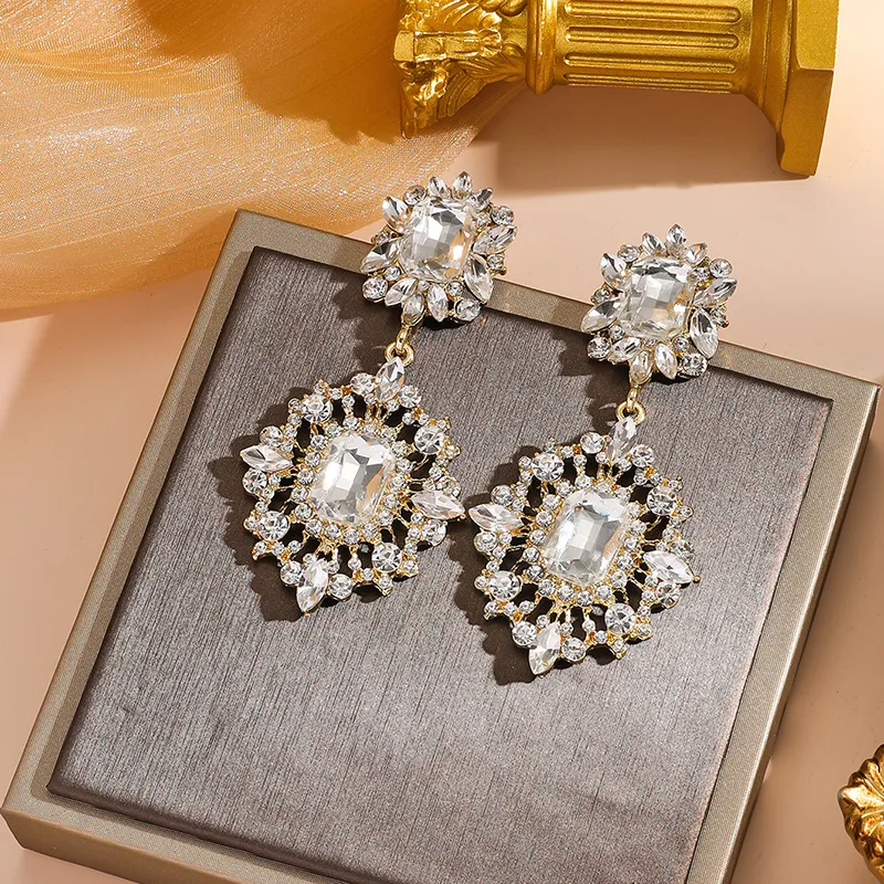 Women Fashion Retro Exaggerated Plated Rhinestone Earrings
