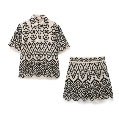 Women Casual Contrast Color Embroidered Lapel Blouse High Waist Shorts Two-Piece Set