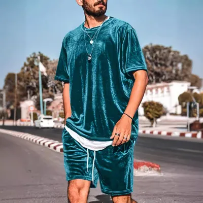 Men Casual Solid Color Suede Short Sleeve Two-Piece Set