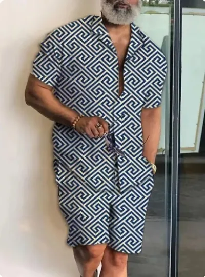 Men Casual Digital Print Short-Sleeved Shirt And Shorts Two-Piece Set