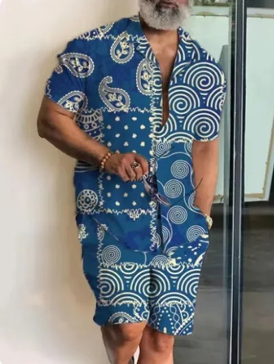 Men Casual Digital Print Short-Sleeved Shirt And Shorts Two-Piece Set