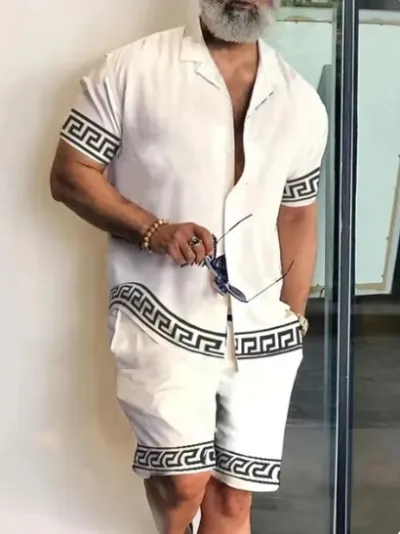 Men Casual Digital Print Short-Sleeved Shirt And Shorts Two-Piece Set