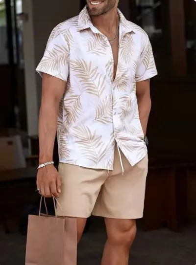 Men Casual Digital Print Short-Sleeved Shirt And Shorts Two-Piece Set