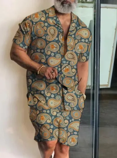 Men Casual Digital Print Short-Sleeved Shirt And Shorts Two-Piece Set