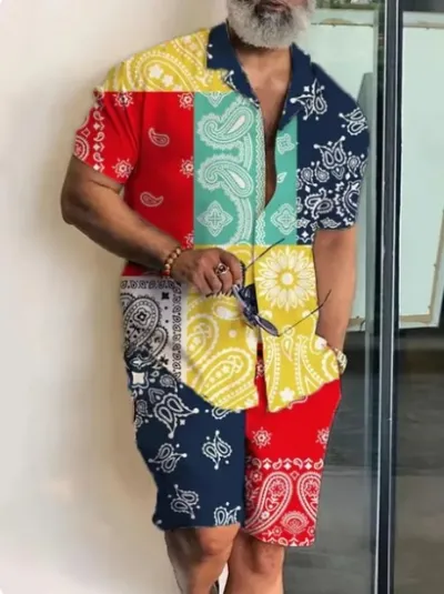 Men Casual Digital Print Short-Sleeved Shirt And Shorts Two-Piece Set