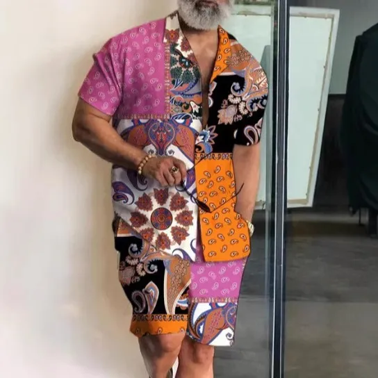 Men Casual Digital Print Short-Sleeved Shirt And Shorts Two-Piece Set