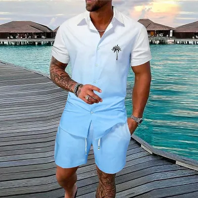 Summer Men Casual Hawaiian Gradient Digital Print Two-Piece Set