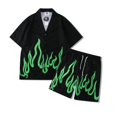 Men Casual Digital Printing Flame Loose Short-Sleeved Shirt Shorts Two-Piece Set