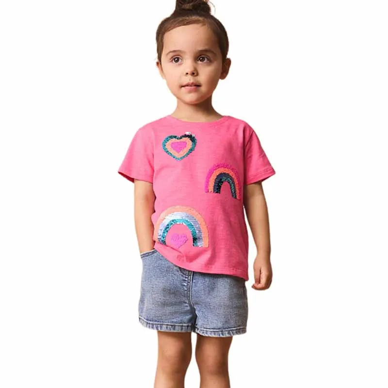 Kids Toddler Girls Casual Cute Rainbow Sequins Short Sleeve T-Shirt