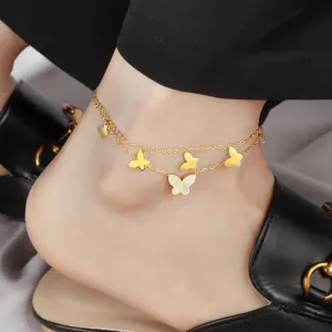 Women's Simple White Shell Butterfly Double Layer Titanium Steel Anklet