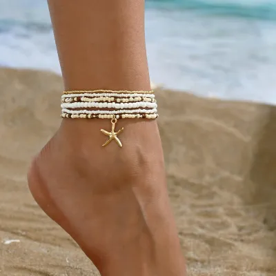 Women's Casual Vacation Alloy Beads Starfish Pendant Multi-Layer Beach Anklet