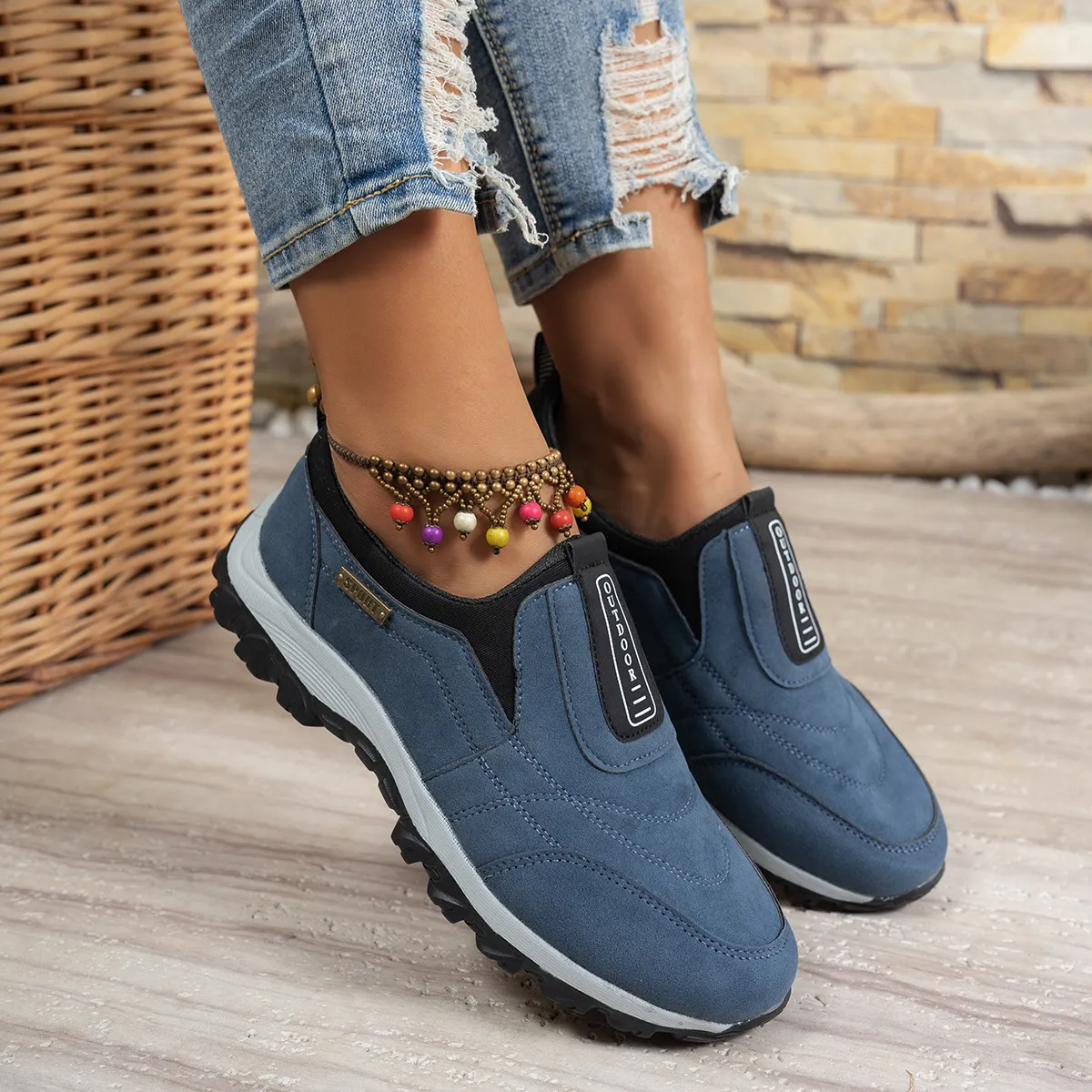 Women Casual Color Block Slip On Canvas Thick Sole Sneaker Low Top Platform