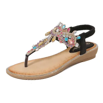 Women Fashion Casual Rhinestone Round Toe Flip Flops Wedge Beach Sandals