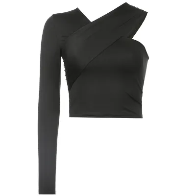 Women Fashion Sexy Solid Color V-Neck One-Shoulder Long Sleeve T-Shirt