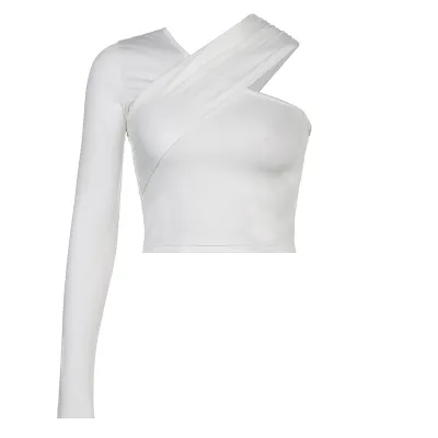 Women Fashion Sexy Solid Color V-Neck One-Shoulder Long Sleeve T-Shirt