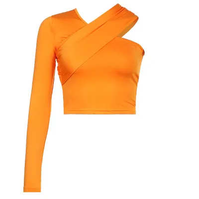 Women Fashion Sexy Solid Color V-Neck One-Shoulder Long Sleeve T-Shirt