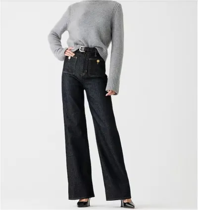 Women Casual Solid Color High Waist Stretch Wide Leg Jeans