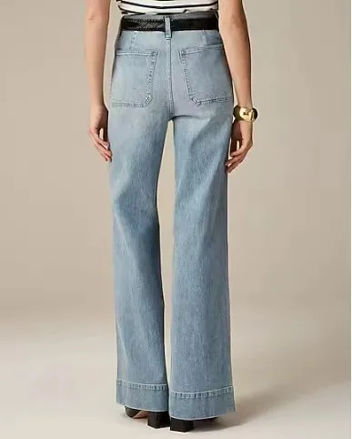 Women Casual Solid Color High Waist Stretch Wide Leg Jeans