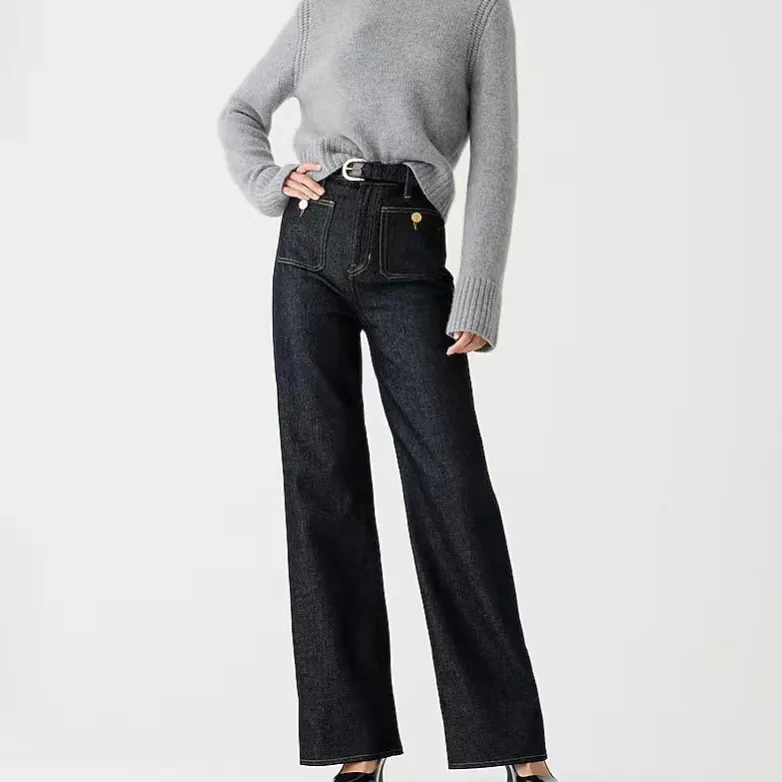 Women Casual Solid Color High Waist Stretch Wide Leg Jeans