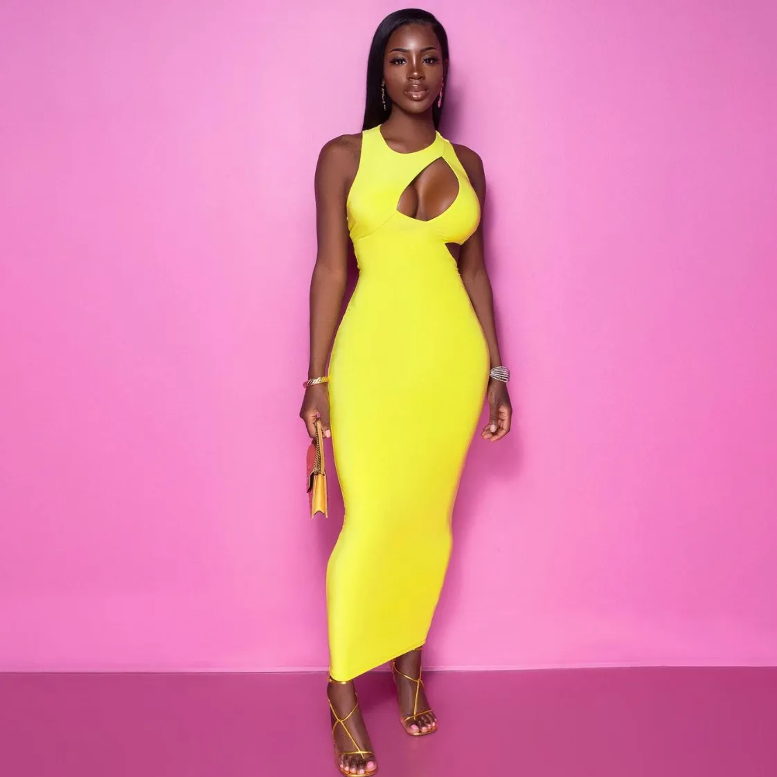 Women Sexy Hollow Round-Neck Sleeveless Slim Fit Maxi Dress