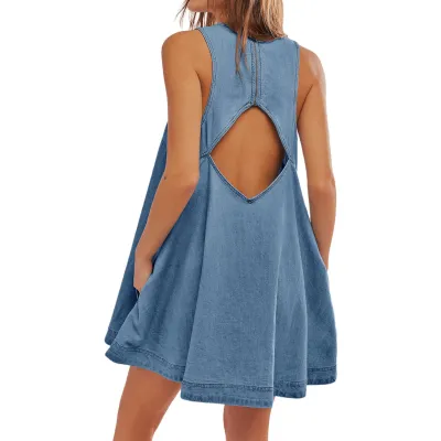 Women Casual Sleeveless Backless Loose Denim Dress