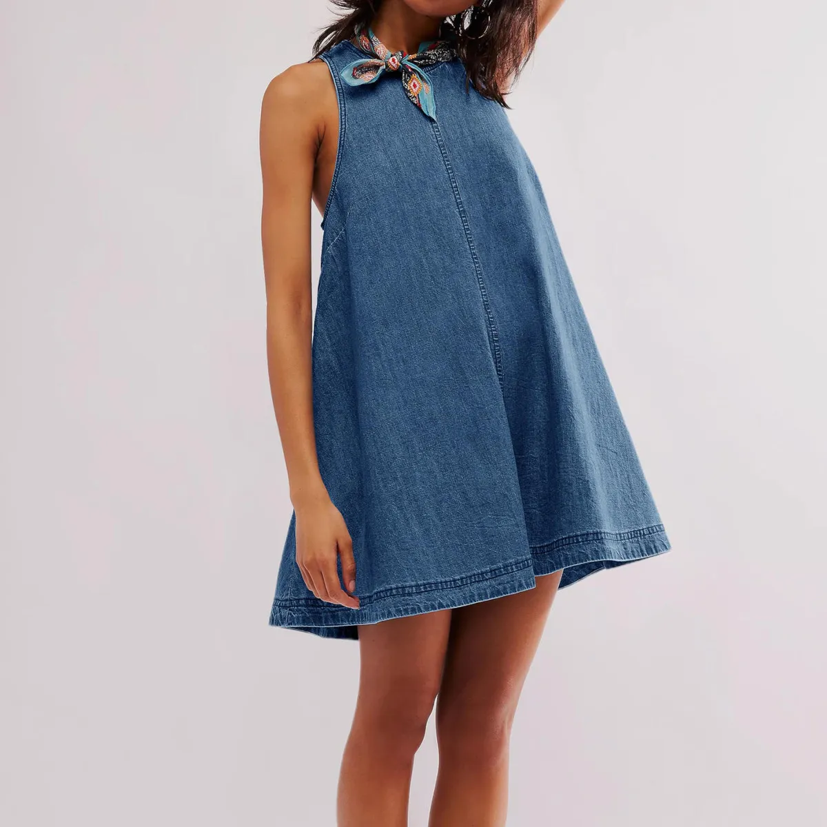 Women Casual Sleeveless Backless Loose Denim Dress